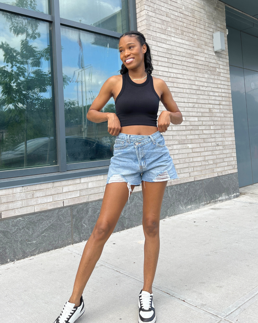 overlap denim shorts