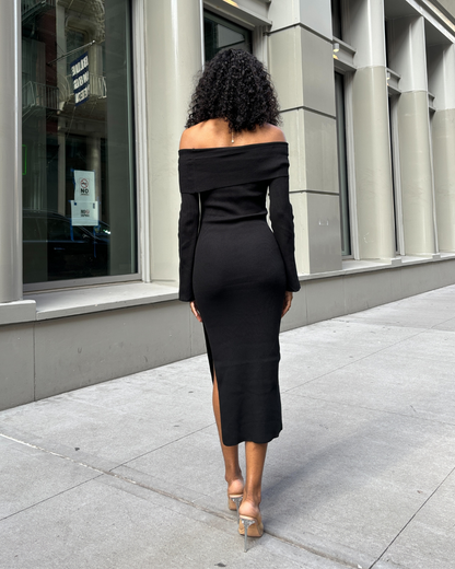 off the shoulder long sleeve midi dress