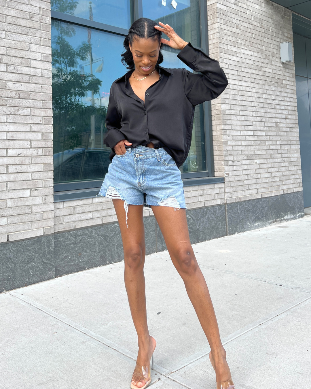 overlap distressed denim shorts