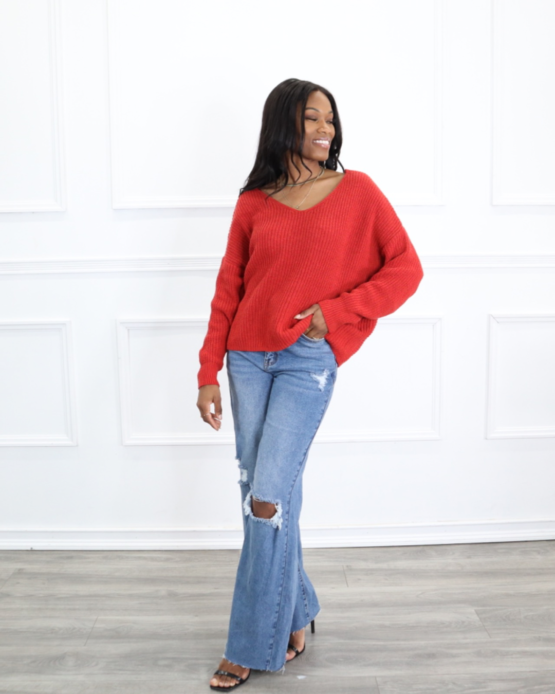 women's red open back sweater top 