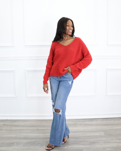 women's red open back sweater top 